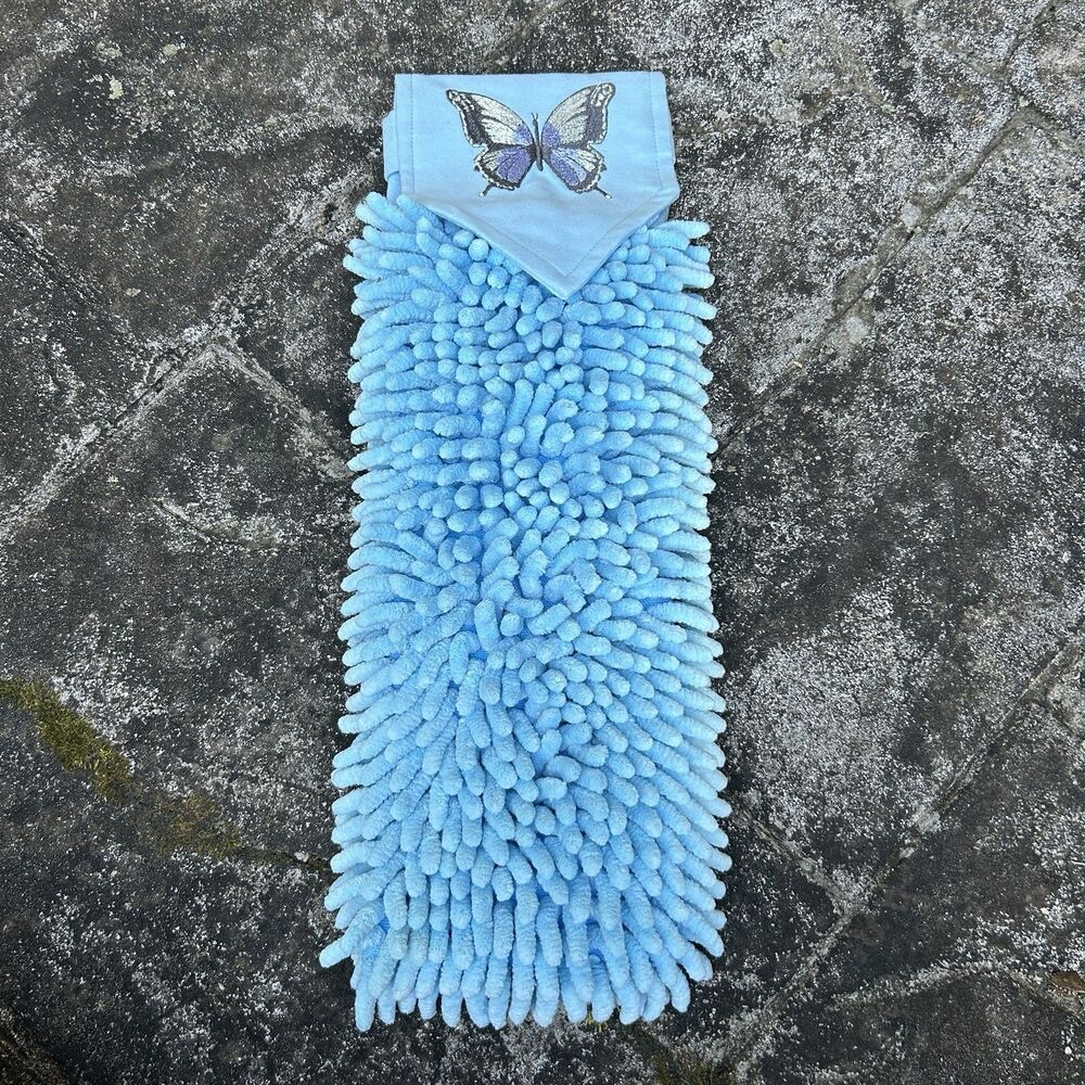 Norwex Chenille Hanging Hand Towel Light Blue Butterfly Embroidered BacLock